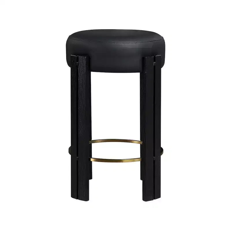 Tabouret de comptoir en similicuir végan noir avec repose-pieds en laiton brossé