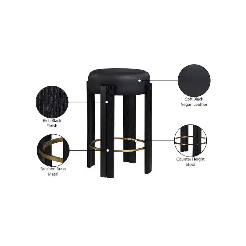 Tabouret de comptoir en similicuir végan noir avec repose-pieds en laiton brossé